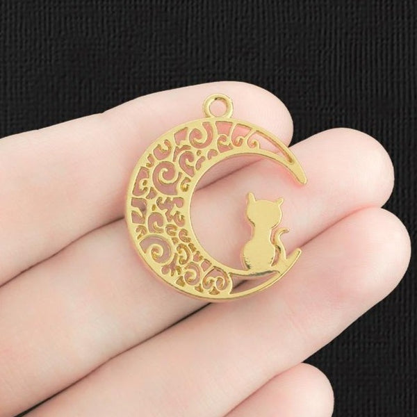 2 Cat Crescent Moon Gold Plated Charms 2 Sided - GC524