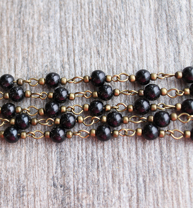 BULK Beaded Rosary Chain - 6mm Black Pearl Glass & Antique Bronze Tone Brass - 3.3ft or 1m - N273
