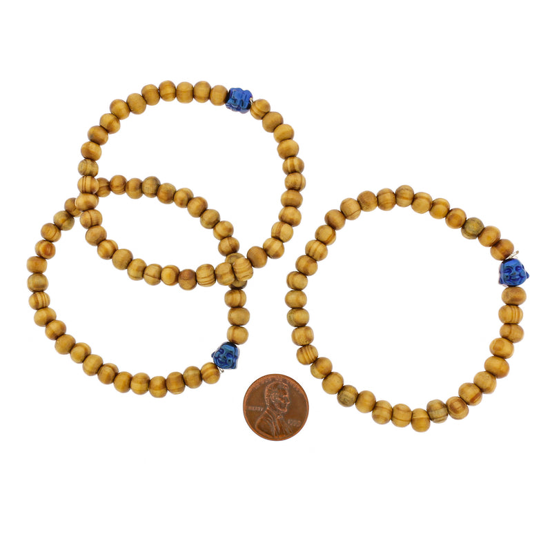Bracelet Perles Bois Rond - 59mm - Bouddha Résine Bleu - 1 Bracelet - BB077