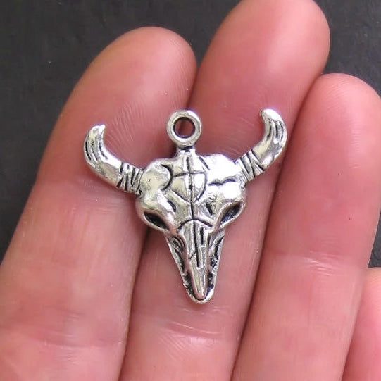 5 Longhorn Cattle Skull Antique Silver Tone Charms - SC128