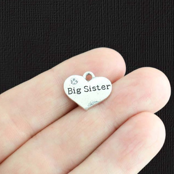 4 Big Sister Heart Antique Silver Tone Charms 2 côtés avec strass incrustés - SC3980