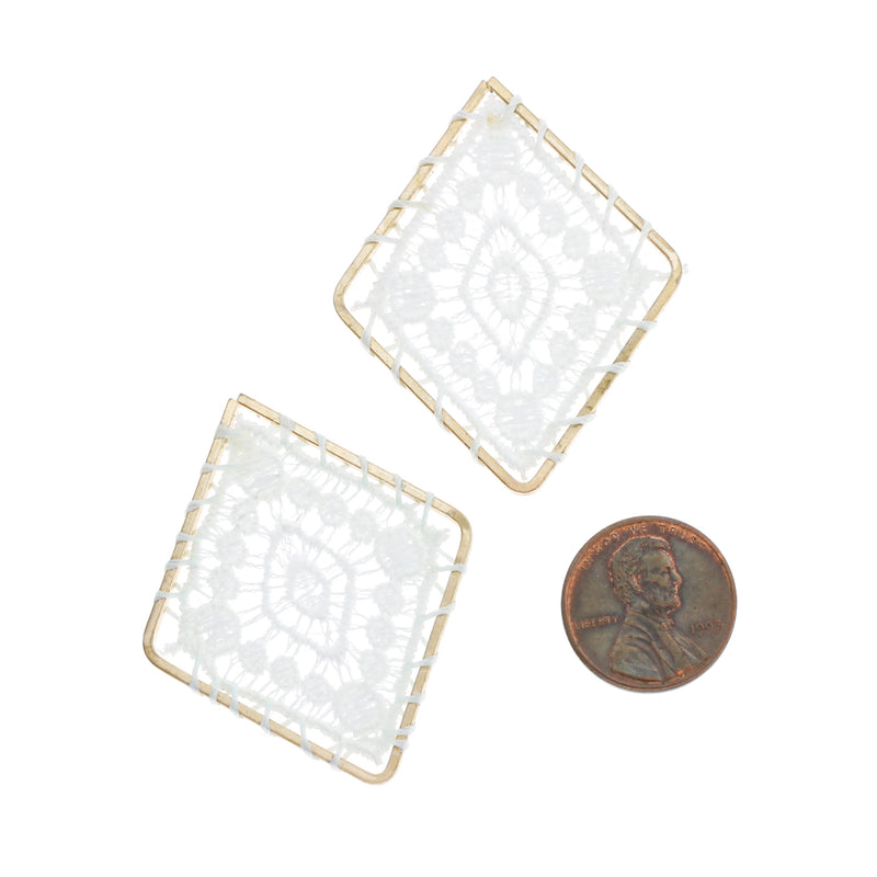 2 White Woven Lace Rhombus Gold Tone Pendants - TSP240