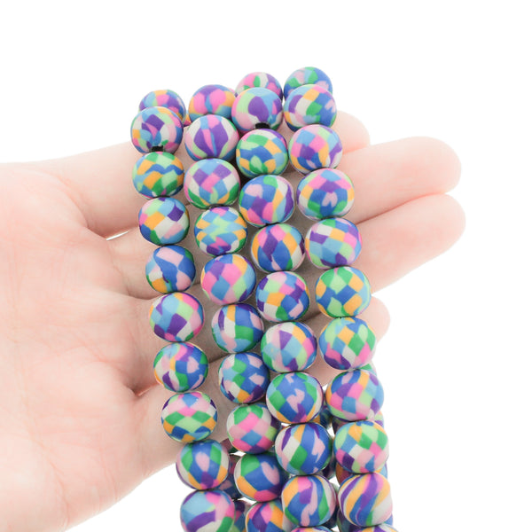 Perles Rondes en Pâte Polymère 10.5mm - Arc-en-Ciel Assorti - 1 Rang 40 Perles - BD093