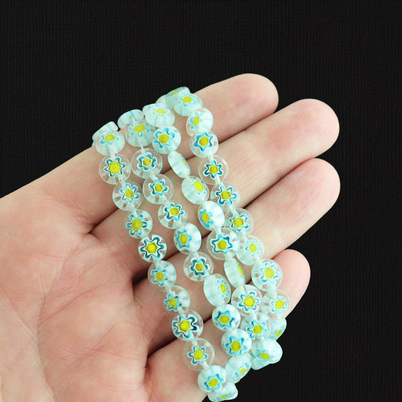 Perles de Verre Plates 8mm x 4mm - Millefiori Floral Cyan - 1 Rang 53 Perles - BD036