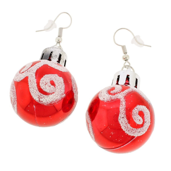 Silver Tone French Earrings - Red Christmas Bulbs - 60mm x 30mm - 2 Pieces 1 Pair - ER516