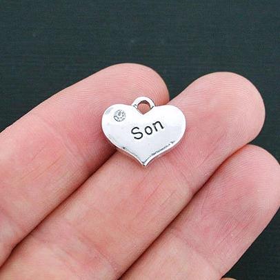 4 Son Heart Antique Silver Tone Charms 2 Sided With Inset Rhinestones - SC3555