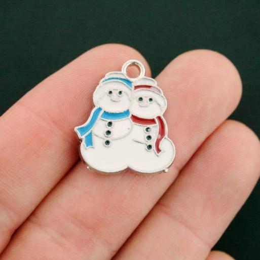 2 Snowmen Silver Tone Enamel Charms Just Adorable - E118