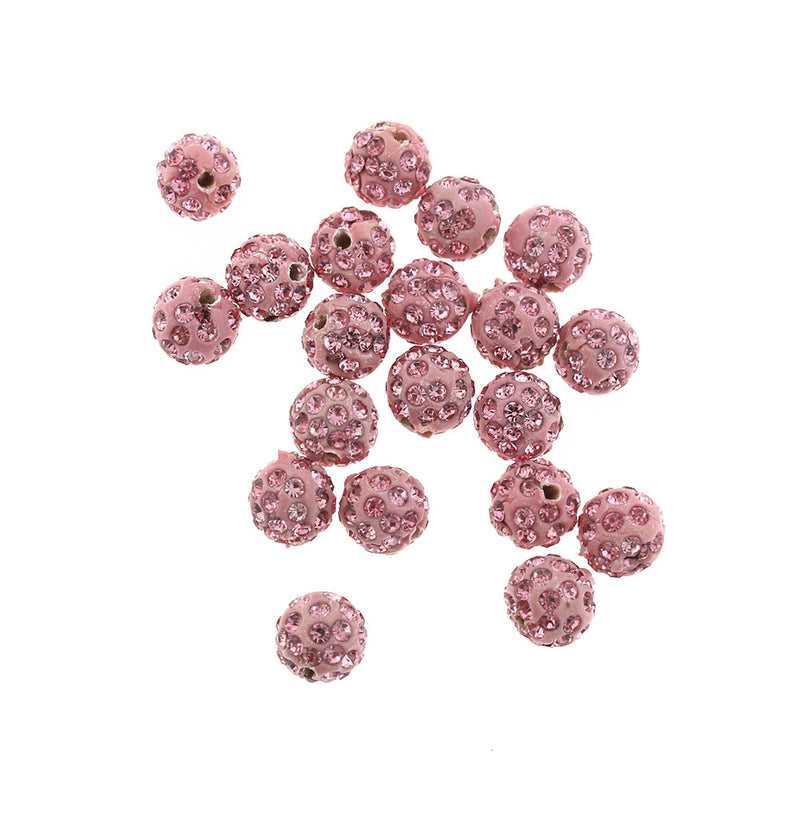 Perles Rondes Strass Pâte Polymère 10mm - Rose Clair Scintillant - 15 Perles - BD256