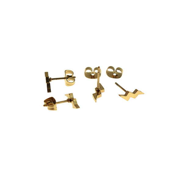 Gold Tone Stainless Steel Earrings - Lightning Bolt Studs - 10mm - 2 Pieces 1 Pair - ER881