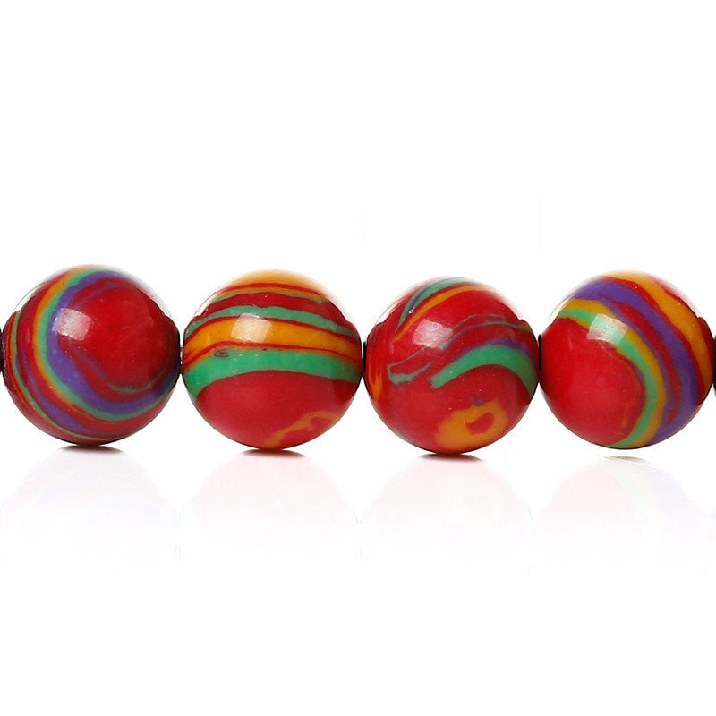 Round Gemstone Beads 6mm - Red with Multi-Color Swirls - 30 Beads - BD528