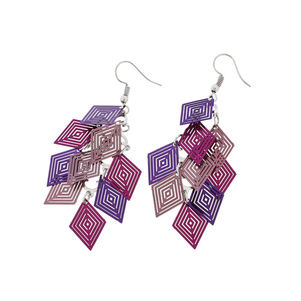 Purple Geometric Dangle Earrings - Stainless Steel French Hook Style - 2 Pieces 1 Pair - ER614
