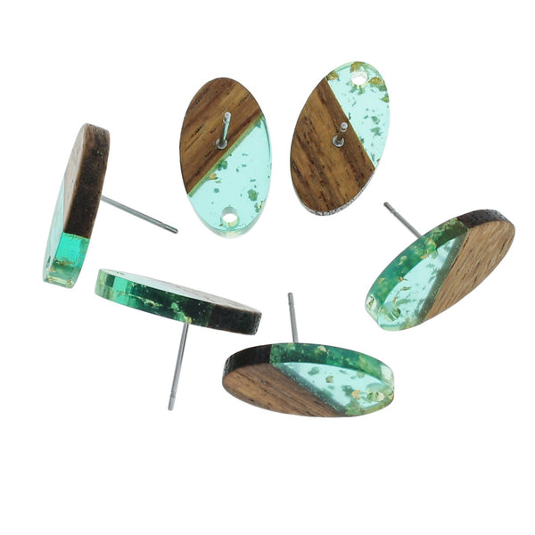 Wood Stainless Steel Earrings - Turquoise and Gold Resin Oval Studs - 20mm x 11mm - 2 Pieces 1 Pair - ER267