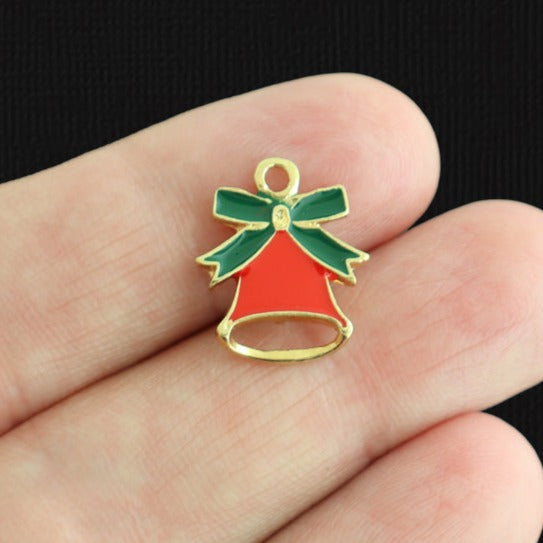 4 Christmas Bell Gold Tone Enamel Charms - E1606