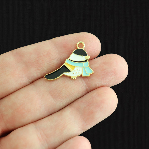 2 Chickadee with Scarf Gold Tone Enamel Charms - E1015