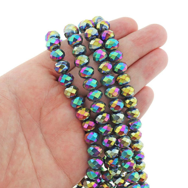Faceted Rondelle Glass Beads 10mm x 7mm - Electroplated Rainbow - 1 Strand 70 Beads - BD2559