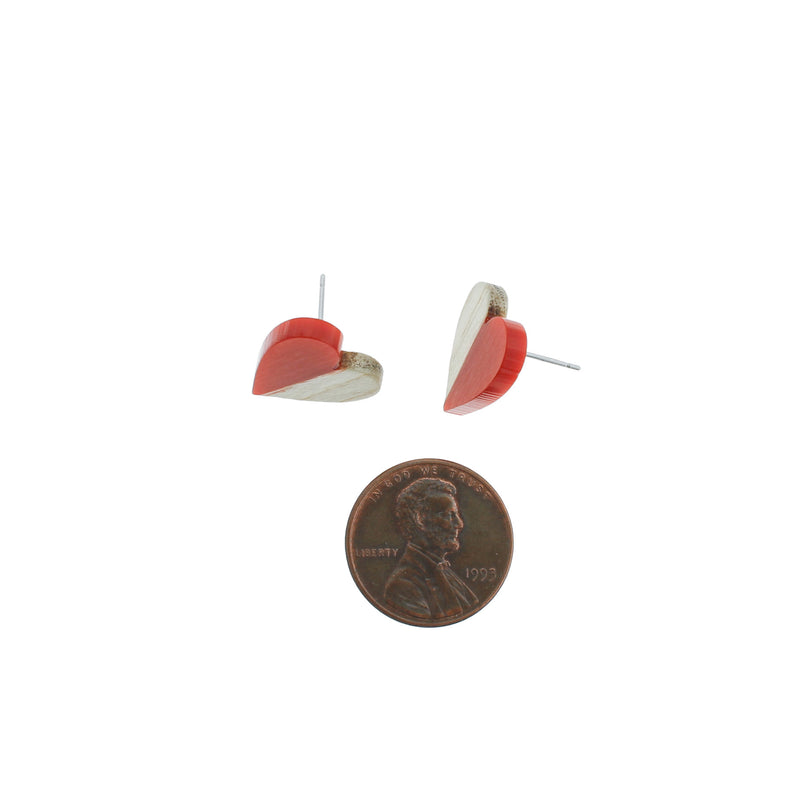 Boucles d'Oreilles Bois Acier Inoxydable - Clous Coeur Résine Rouge - 15mm x 14mm - 2 Pièces 1 Paire - ER133