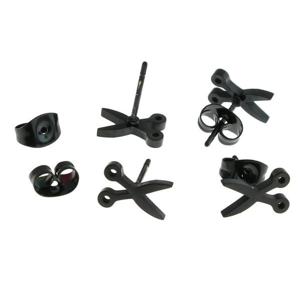 Gunmetal Black Stainless Steel Earrings - Scissor Studs - 8mm x 5mm - 2 Pieces 1 Pair - ER417
