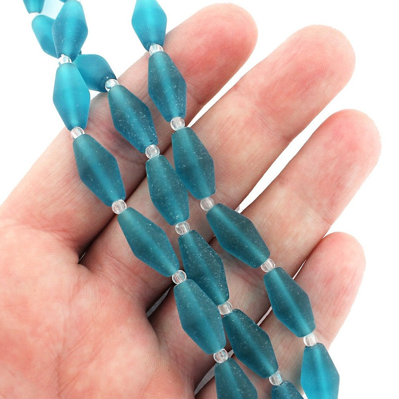 Bicone Cultured Sea Glass Beads 17mm x 8mm - Frosted Teal - 1 Strand 11 Beads - U153