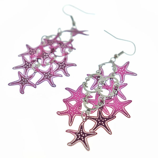 Boucles d'oreilles en acier inoxydable étoile de mer rose - Style crochet français - 2 pièces 1 paire - ER607