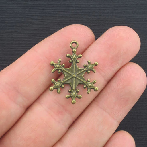 6 Snowflake Antique Bronze Tone Charms 2 Sided - BC341