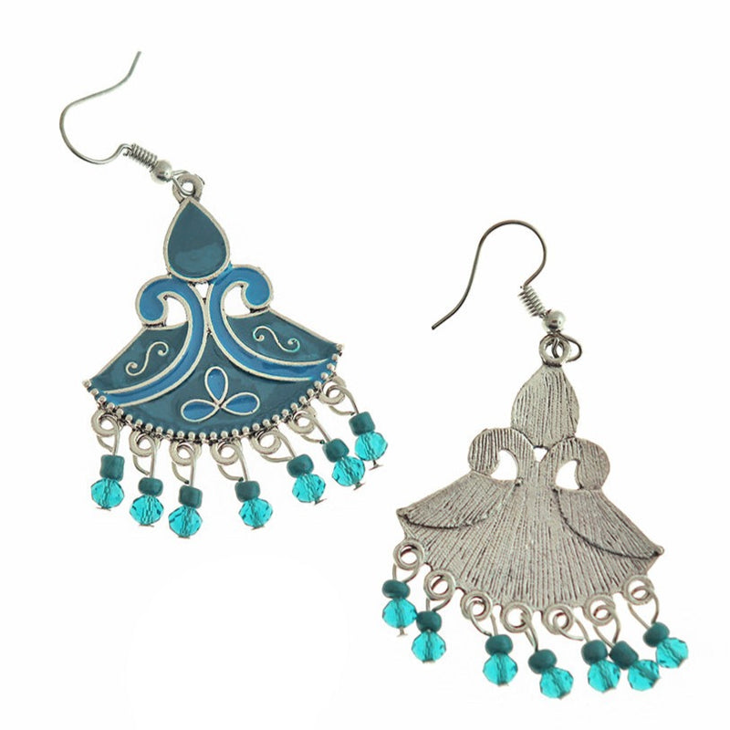 Boucles d'oreilles pendantes en émail bleu - Style crochet français argenté - 2 pièces 1 paire - ER545