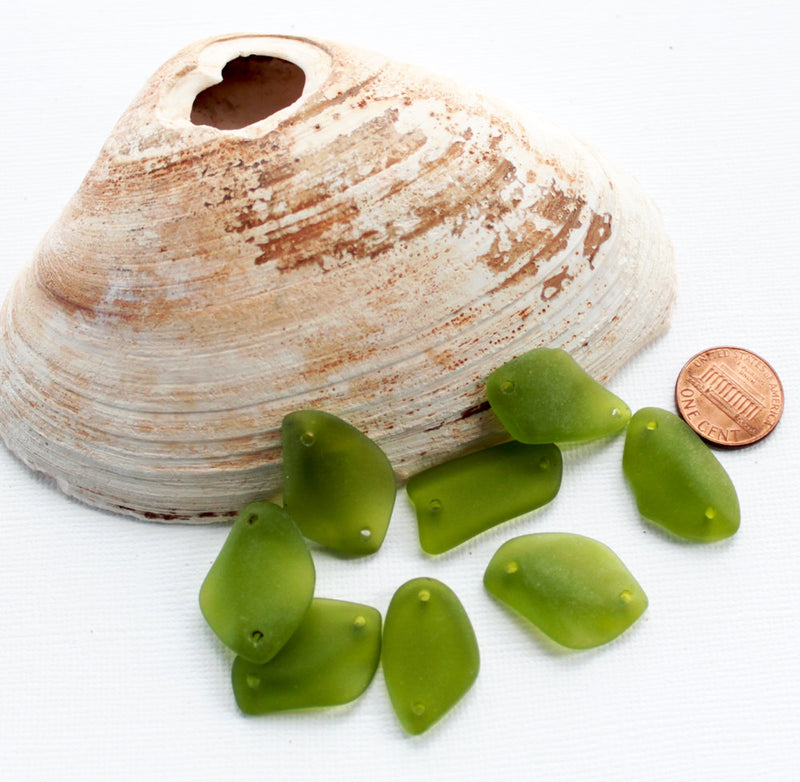 2 Olive Green Freeform Cultured Sea Glass Charms - U012