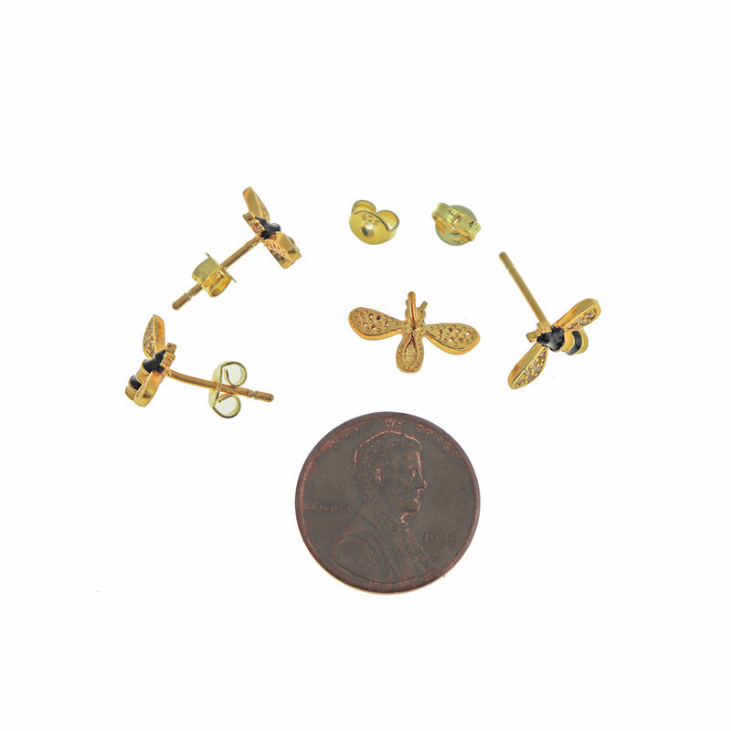 Boucles d'oreilles en laiton - Clous en émail d'abeille avec zircon cubique micro pavé - 14 mm x 8 mm - 2 pièces 1 paire - ER501