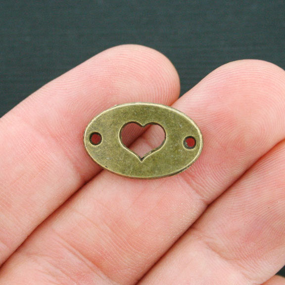 6 Heart Connector Antique Bronze Tone Charms 2 Sided - BC1099