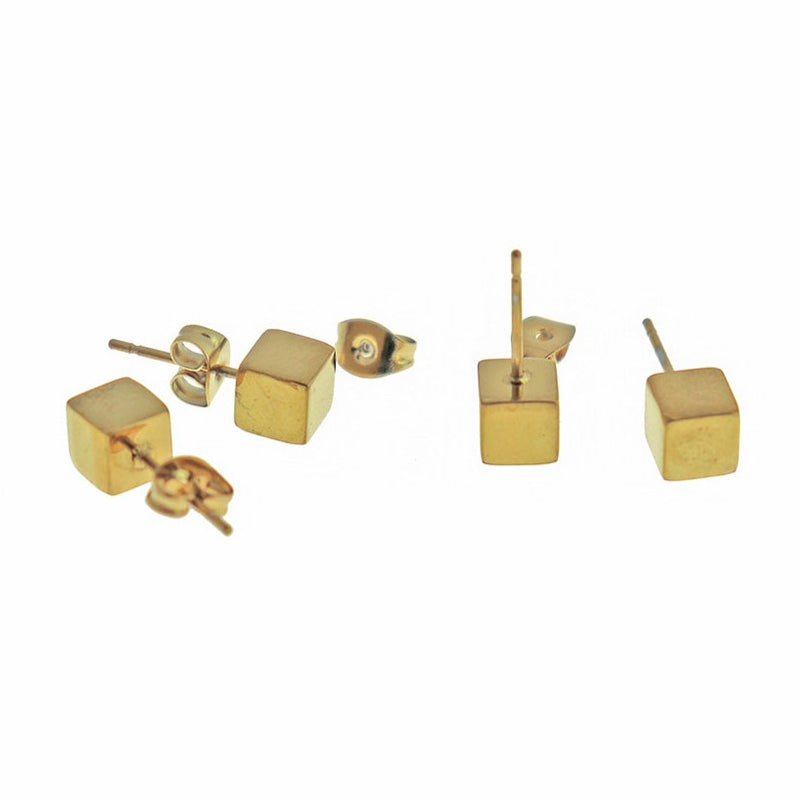Gold Stainless Steel Earrings - Square Cube Studs - 6mm - 2 Pieces 1 Pair - ER518