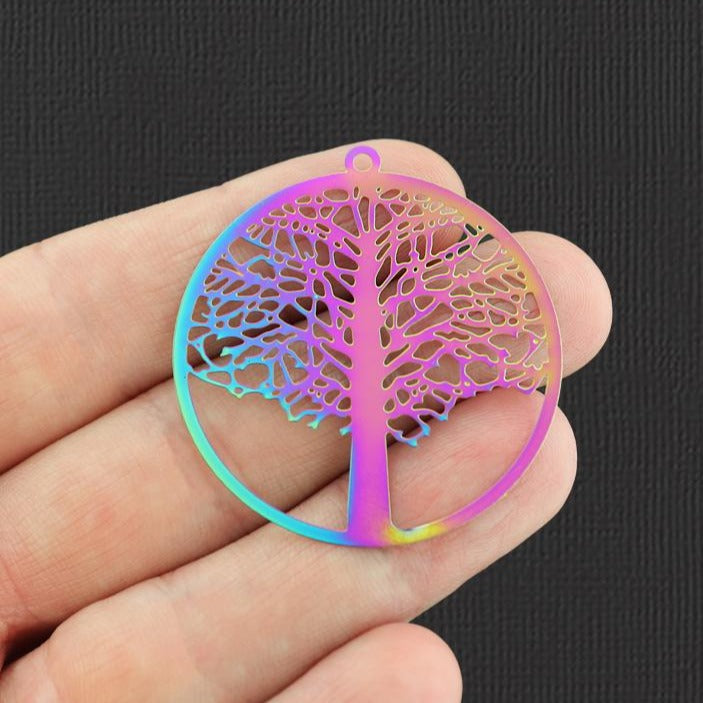 2 Tree of Life Rainbow Electroplated Stainless Steel Charms 2 Sided - SSP130