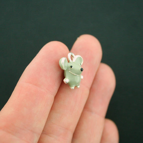 2 Mouse Silver Tone Enamel Charms 3D - E242