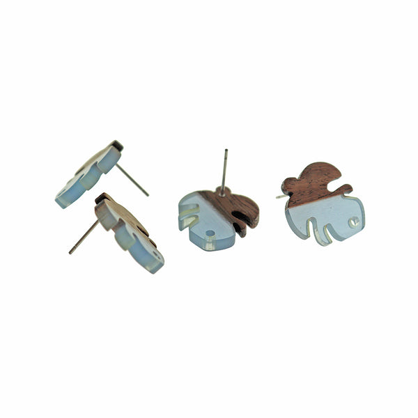 Wood Stainless Steel Earrings - Periwinkle Resin Leaf Studs - 19.5mm x 17mm - 2 Pieces 1 Pair - ER760
