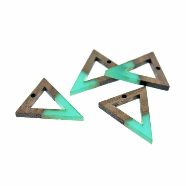 2 Open Triangle Natural Wood and Turquoise Resin Charms 27mm - WP159