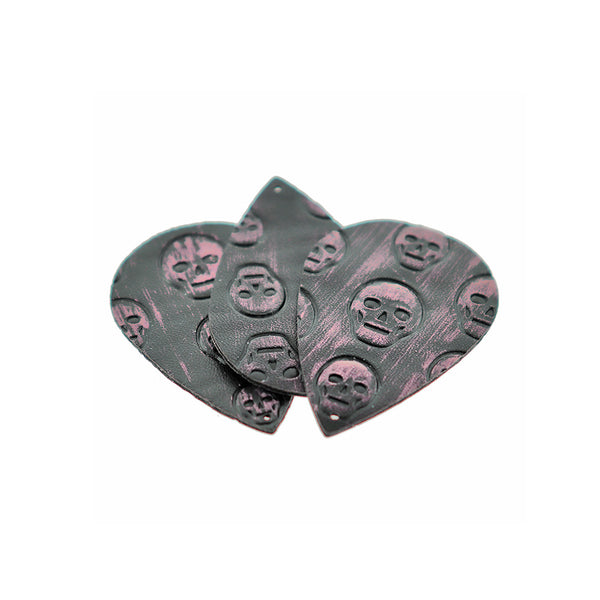 Imitation Leather Teardrop Pendants - Black and Purple Skulls - 2 Pieces - LP017