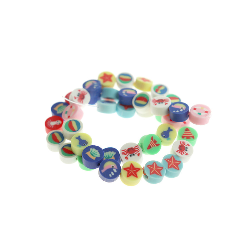 Flat Round Polymer Clay Beads 9.5mm - Assorted Sea Life - 1 Strand 40 Beads - BD1085