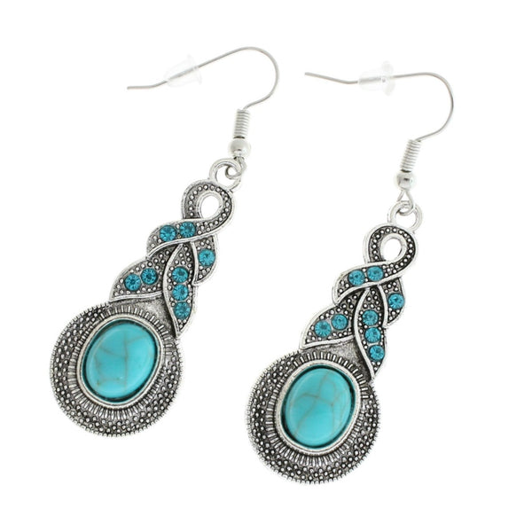Antique Silver Tone Earrings - French Style Hooks with Turquoise Resin - 2 Pieces 1 Pair - ER378