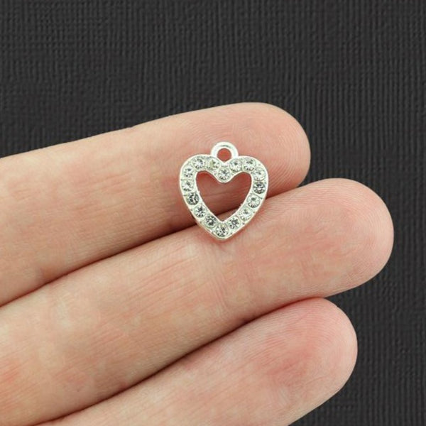 5 Heart Antique Silver Tone Charms With Inset Clear Rhinestones - SC3850