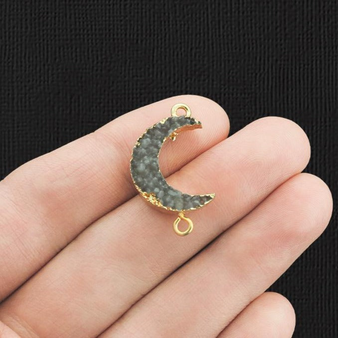 2 Grey Crescent Moon Connector Druzy Gold Tone Resin Charms - K448