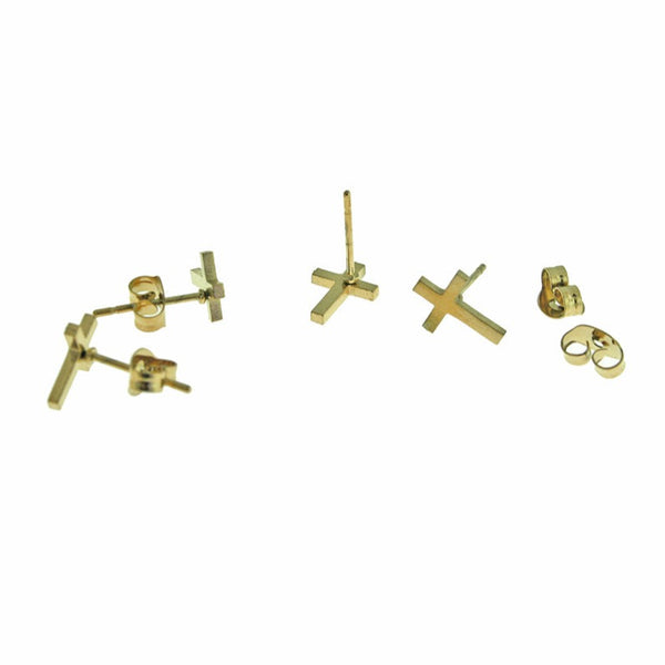 Gold Stainless Steel Earrings - Cross Studs - 9mm x 7mm - 2 Pieces 1 Pair - ER387