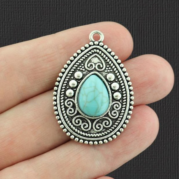 2 breloques argentées antiques en forme de larme avec imitation turquoise - SC5113