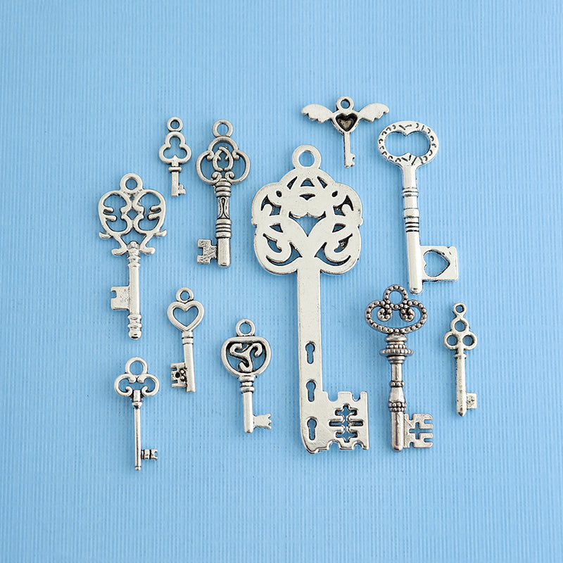 Key Charm Collection Antique Silver Tone 11 Different Charms - COL011