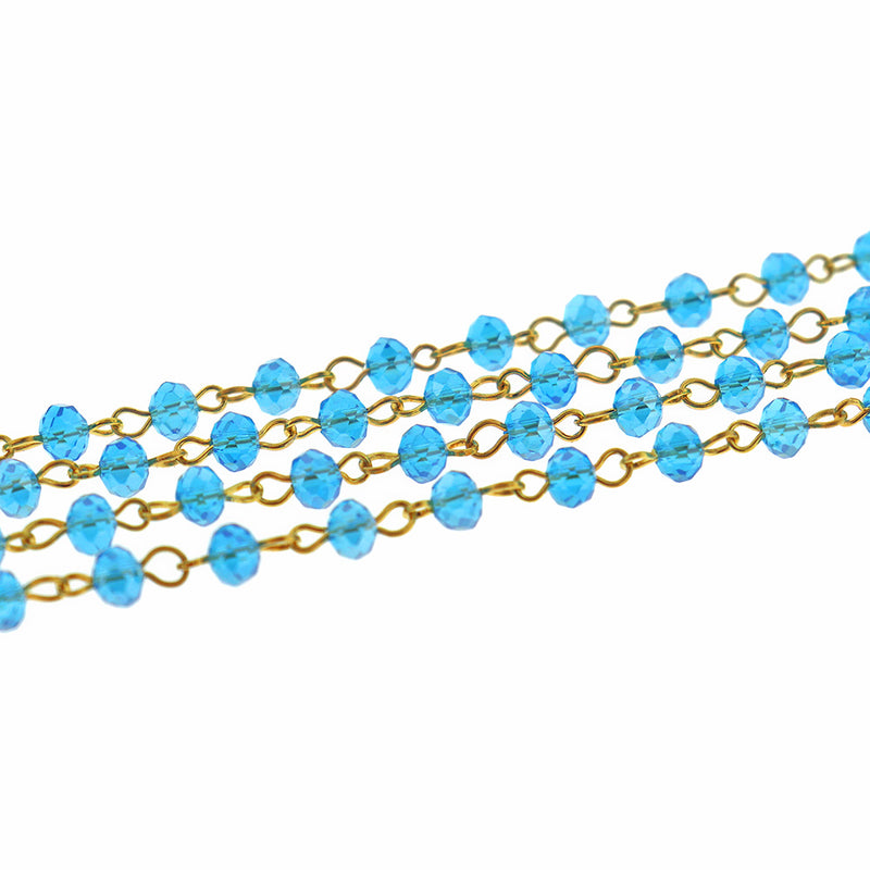 BULK Beaded Rosary Chain - 6mm Rondelle Sky Blue Glass & Gold Tone - 3.3ft or 1m - RC036