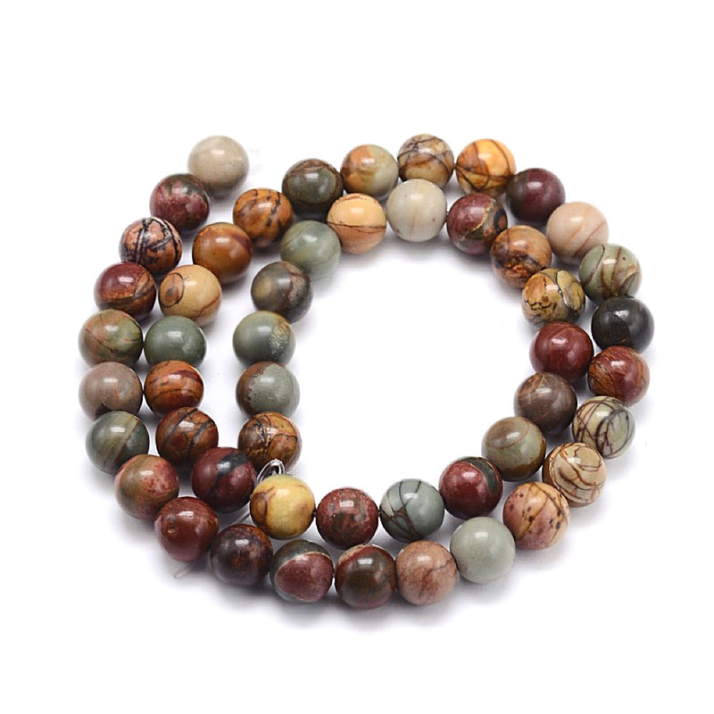 Perles rondes en jaspe naturel Picasso 8 mm - Tons de terre de granit bordeaux - 1 brin 46 perles - BD608