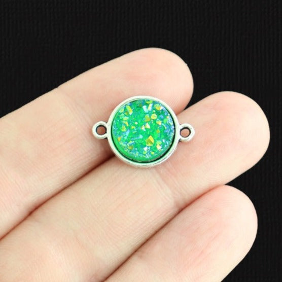 5 Green Druzy Connector Antique Silver Tone and Resin Cabochon Charms - Z600