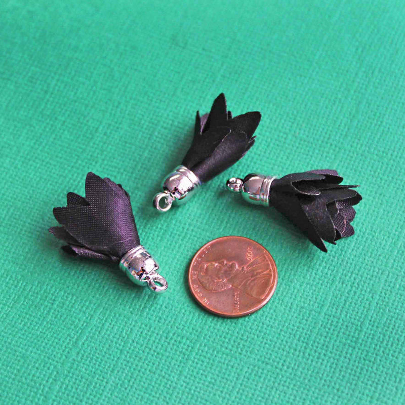 Polyester Tassels with Cap - Black and Silver Tone - 5 Pieces - Z356