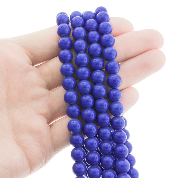 Perles Rondes en Verre 8mm - Bleu Royal - 1 Rang 48 Perles - BD2498