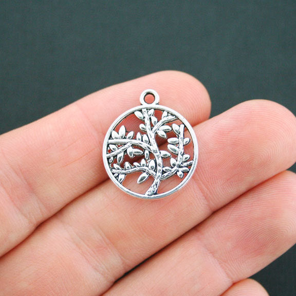 6 Tree Antique Silver Tone Charms 2 Sided - SC4966
