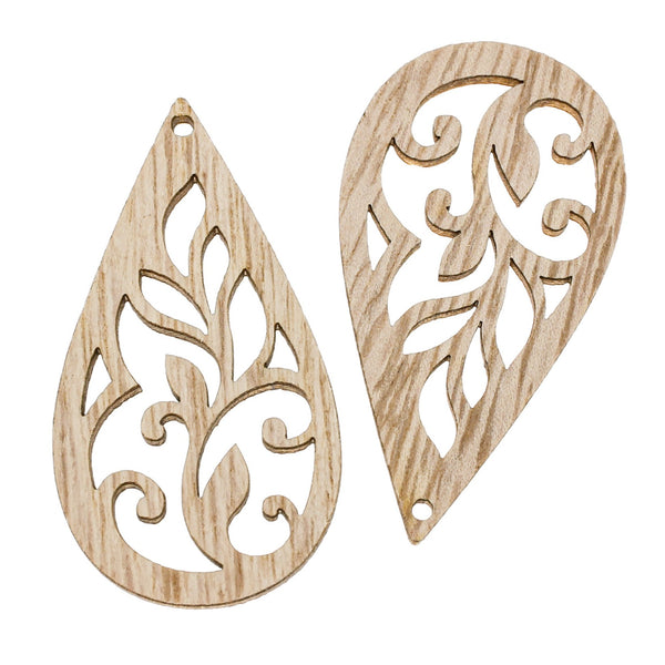 5 Floral Teardrop Natural Wood Charms - WP439