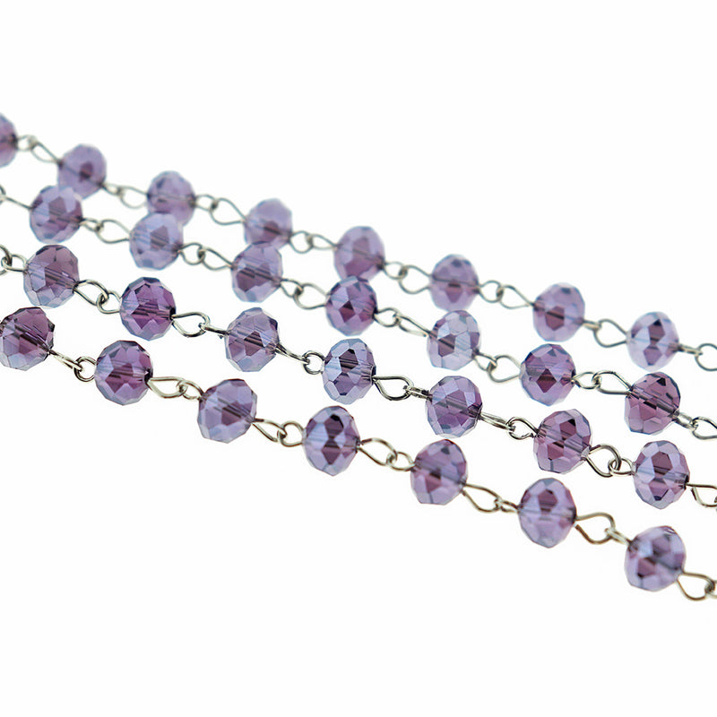 BULK Beaded Chapelet - 8mm Rondelle Purple Glass &amp; Silver Tone - 3.3ft ou 1m - RC040