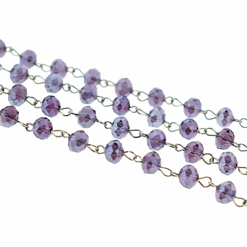BULK Beaded Rosary Chain - 8mm Rondelle Purple Glass & Silver Tone - 3.3ft or 1m - RC040